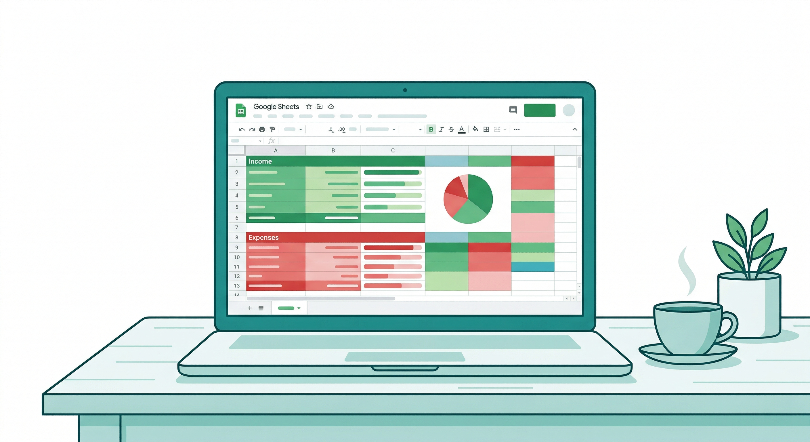 Google Sheets untuk keuangan pribadi dengan grafik dan data pengeluaran