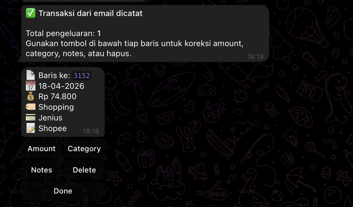 SpendyBot mengirim notifikasi transaksi dari email langsung ke Telegram