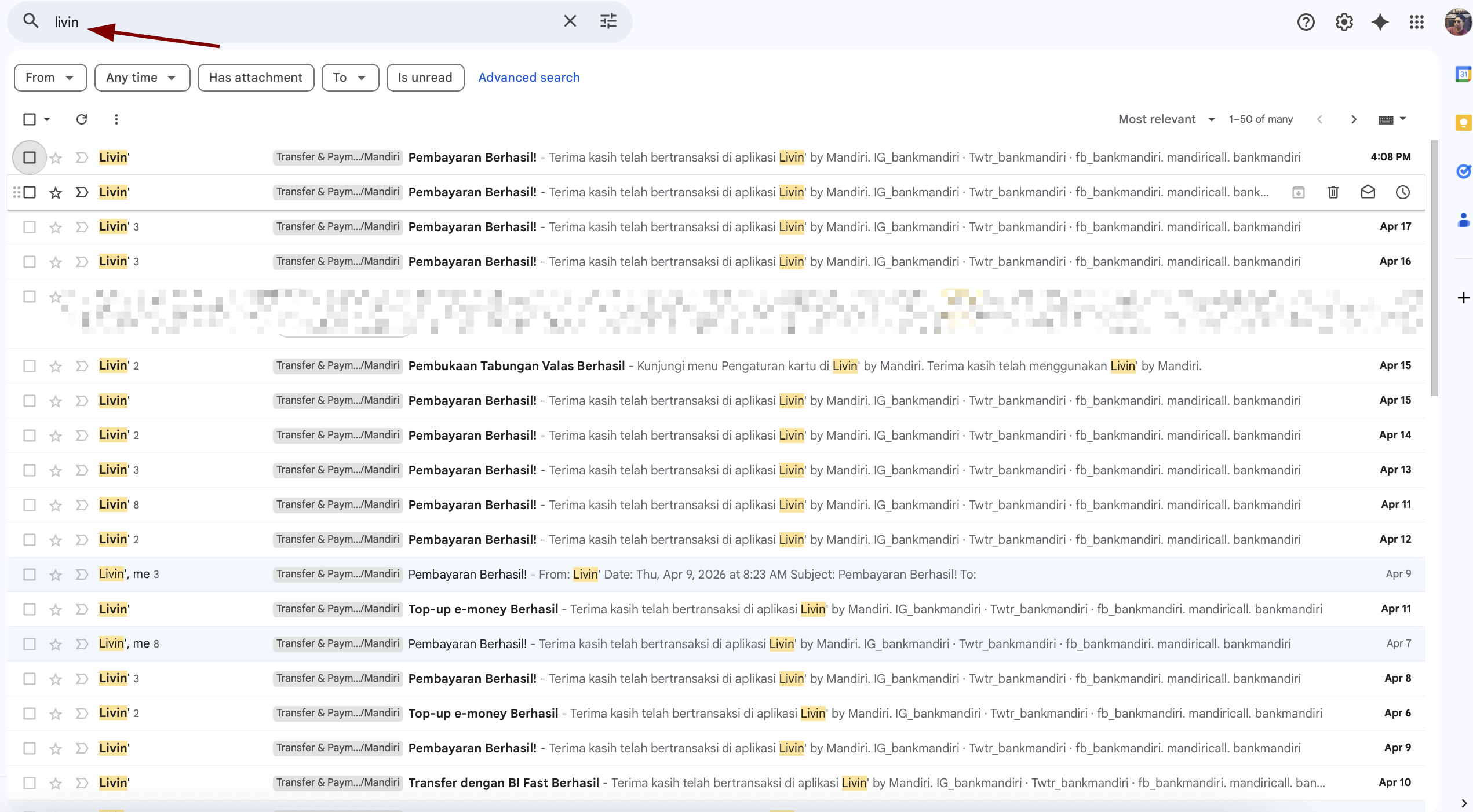 Buka email transaksi yang ingin kamu filter di Gmail