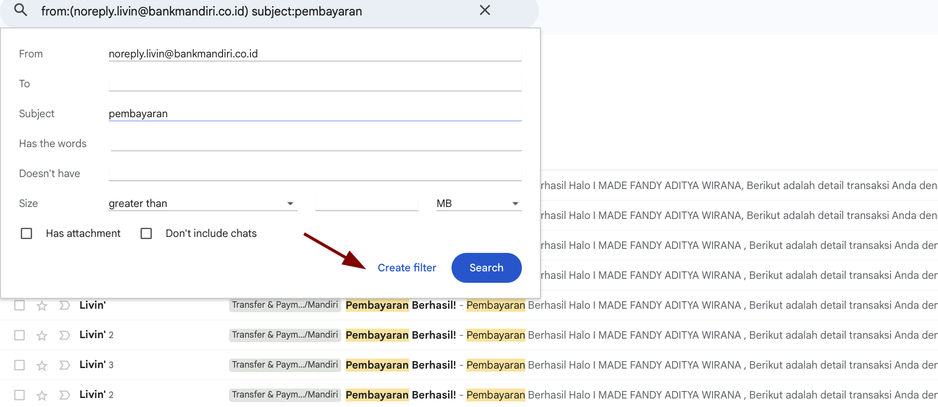 Isi kriteria filter email dan klik Create filter
